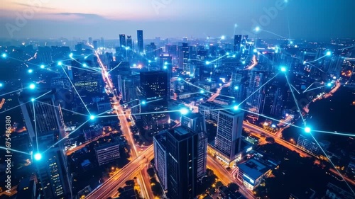 Wallpaper Mural Aerial view of city skyline at night with interconnected network, futuristic urban landscape Torontodigital.ca