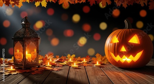 Glowing jackolantern and lantern with autumn leaves and candles on a wooden table at night
