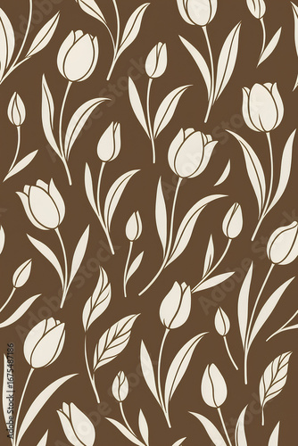 Seamless tulip floral pattern in beige line art on brown background. Elegant botanical design ideal for fabric, wallpaper, wrapping paper, and decorative surface projects.