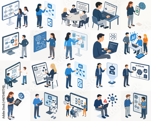 Wallpaper Mural Isometric People Discussing Business Strategy on Whiteboard Presentation Illustration Set Torontodigital.ca