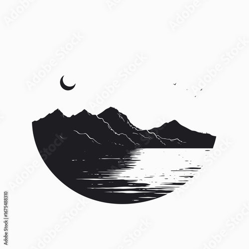 Tranquil mountainscape reflecting moonlight, with birds flying in black silhouette