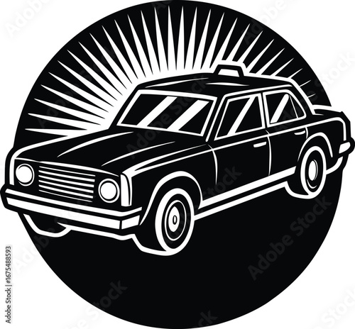 Vector art of black and white illustration of a police car with flashing lights and radiating lines within a circle