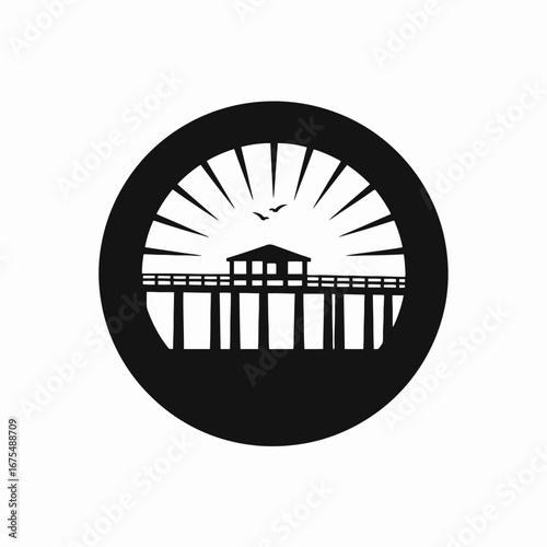 Scenic seaside pier structure in simple minimalist black and white vector silhouette