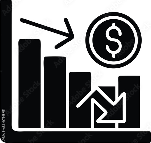 Declining Graph With Dollar Coin on White Background, Economic Downturn Design