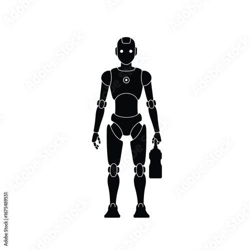 Black robot holding bottle android machine