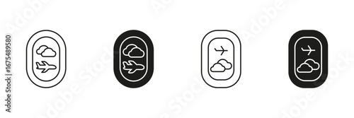 Airplane Window View With Clouds Icon Set. Travel And Aviation Experience Outline And Silhouette Symbol Collection. Journey And Flight Perspective. Isolated Vector Illustration