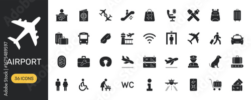Airport Travel And Services Solid Icon Set. Comprehensive Airport Facilities And Passenger Services Silhouette Symbol Collection. Isolated Vector Illustration