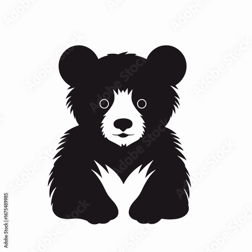 Playful bear cub, contrasted against a white background, soft furry silhouette