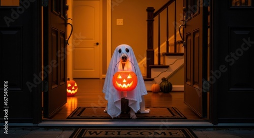 Dog dressed as a ghost holding a jackolantern at the front door for halloween