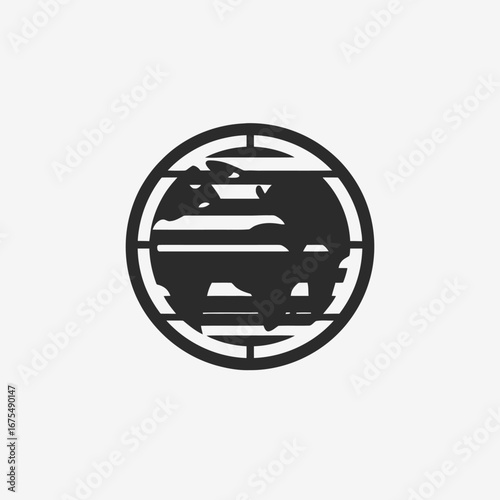 Abstract rendition featuring graphic elements within round border is a silhouette