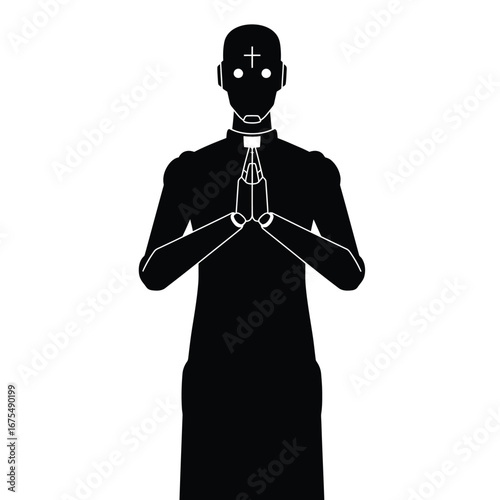 Robotic priest praying with hands together vector