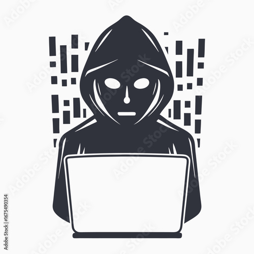 Anonymous Hacker with Laptop and Hood in Design with White Background
