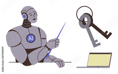 Robot wearing AI badge using a pointer to explain concepts near keys and laptop. Ideal for AI, technology, cybersecurity, education, innovation, access control, future communication. Simple flat
