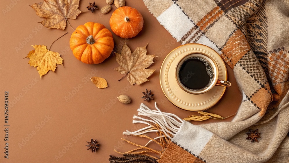 Fototapeta premium Autumn Top View: Gilded Coffee Cup with Scarf and Pumpkin Candles on Brown Background
