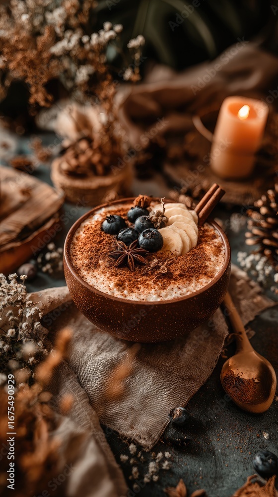 Fototapeta premium A bowl of spiced porridge with banana and blueberries