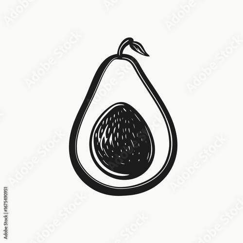 Creative monochrome avocado section drawing with seed, leaf, stem silhouette