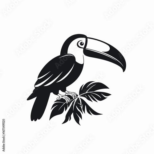 Elegant black toucan perched on leaves, a minimalist tropical bird silhouette