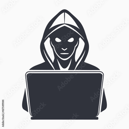Dark Icon Person in Hoodie with Laptop on White Background Silhouette