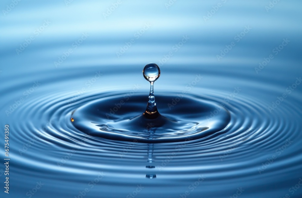 Close-up of a single water droplet creating ripples on a calm blue water surface, capturing a peaceful and serene moment Close-up of a single water droplet creating ripples on a calm blue water surface, capturing a peaceful and serene moment