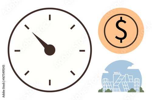 Clock showing time, dollar coin symbol for money, and retail mall for commerce. Ideal for financial planning, time management, retail analytics, consumer behavior, shopping trends, economic concepts