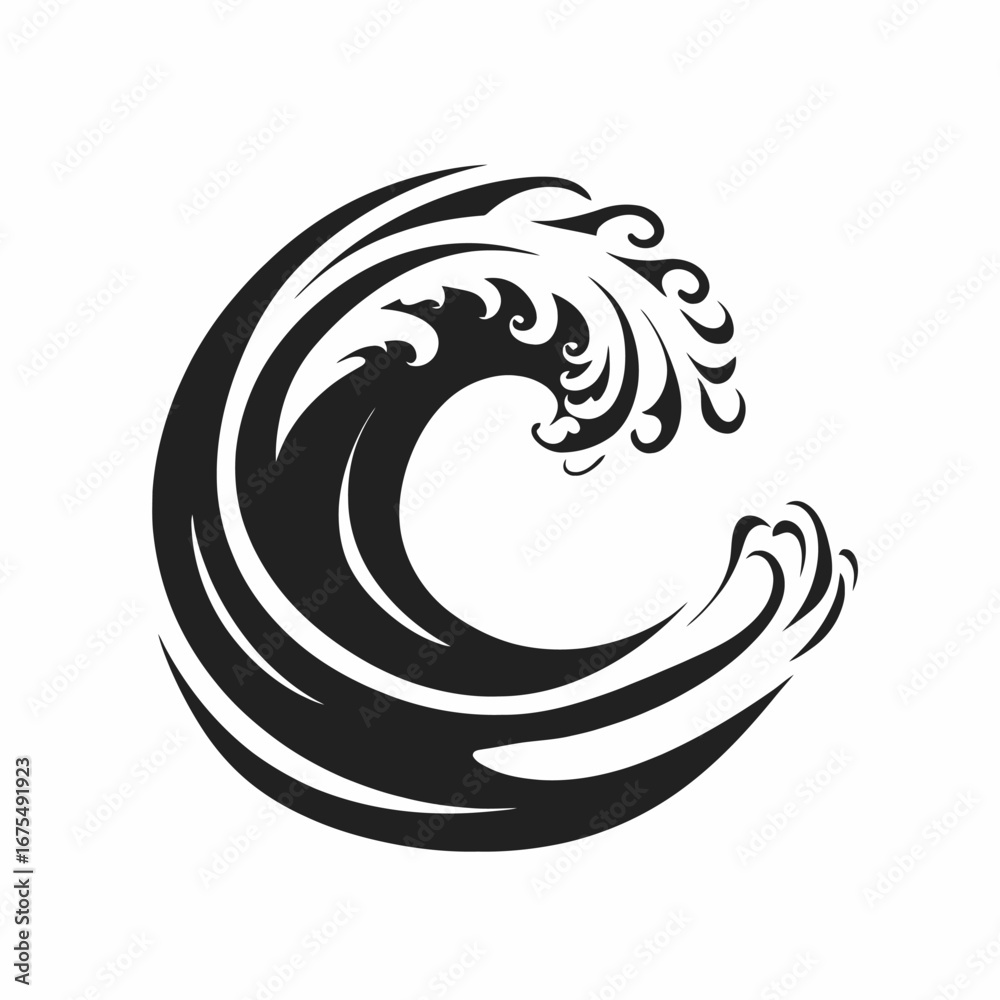 Fototapeta premium Dramatic ocean wave with swirling water black abstract graphic silhouette
