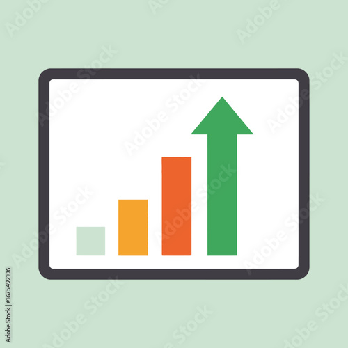 A minimalist illustration of a bar chart showing increasing values with an upward green arrow, displayed on a tablet screen, symbolizing business growth and progress.