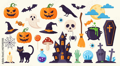 Collection of Halloween-themed illustrations featuring pumpkins, ghosts, bats, and other spooky elements.