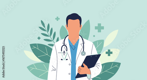 Doctor in white coat holding clipboard, illustration.