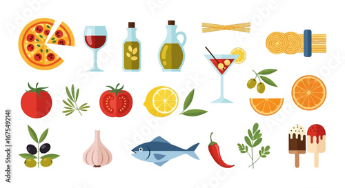 A vibrant collection of Italian cuisine icons, including pizza, pasta, wine, and fresh ingredients isolated on a white background.