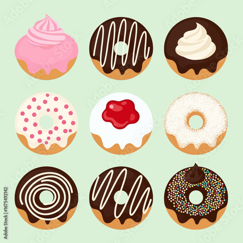 A vibrant collection of nine assorted donuts, each uniquely decorated with frosting, sprinkles, and drizzles, presented against a soft green background.