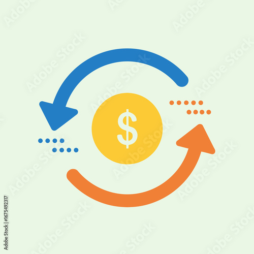 Circular arrows indicating a financial exchange around a central dollar coin.