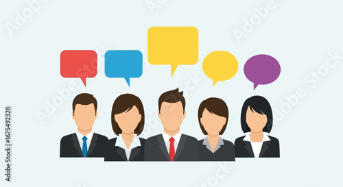 Five diverse business people with colorful speech bubbles above their heads, representing communication, discussion, and teamwork.