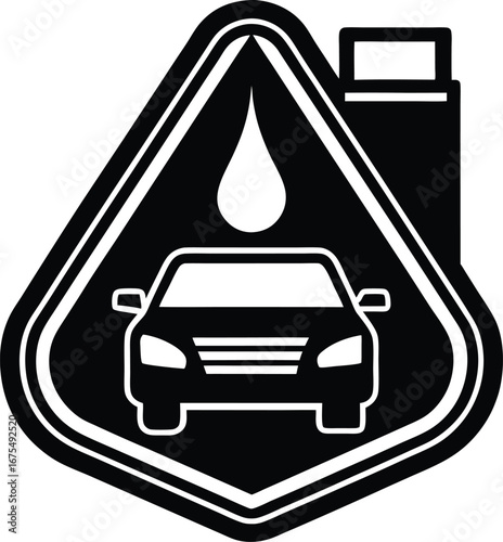 Vector art of black and white icon of a car and a fuel drop inside a diamond shape with a fuel canister