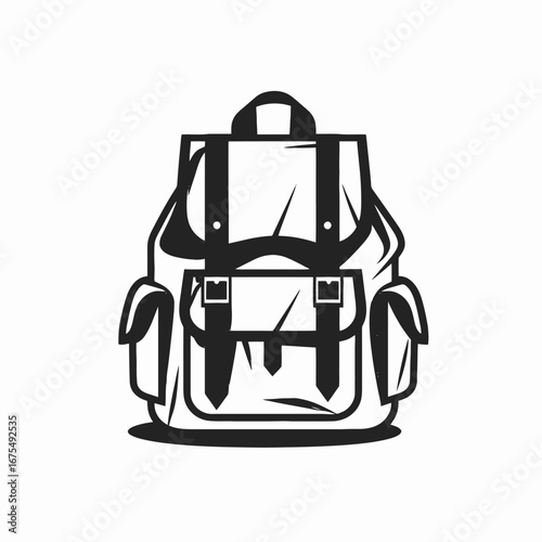 Stylish backpack illustration featuring straps and pockets in black and white silhouette
