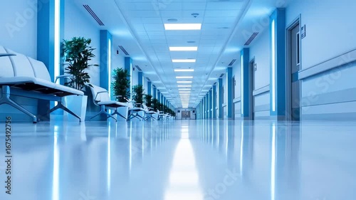 Modern hospital corridor showcasing sleek design, bright lighting, and empty waiting area