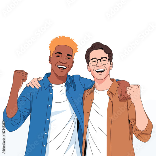 Vector illustration of two happy friends celebrating success