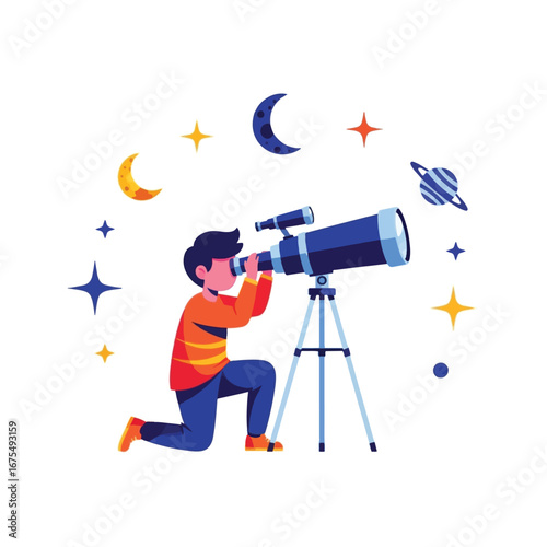 A boy kneels using a telescope to observe the night sky filled with stars and a moon.
