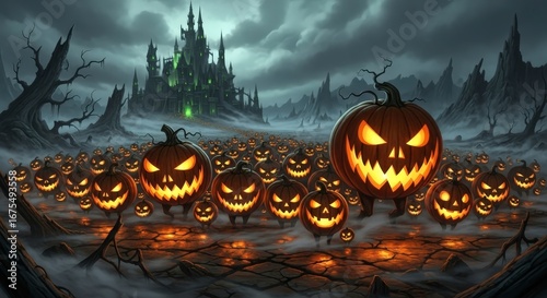 Glowing Pumpkin Army Marches on a Sinister Green-Lit Castle in a Foggy Wasteland.