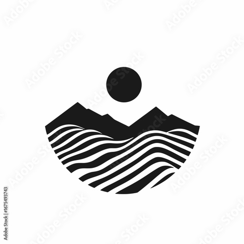 Serene mountains with wavy fields, minimalistic vector moon landscape, smooth background silhouette