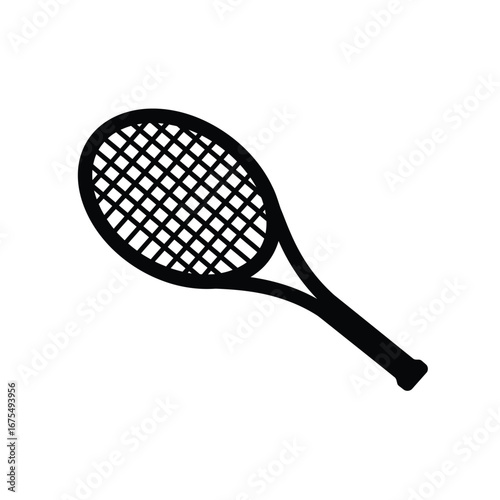 A simple black silhouette of a tennis racket on a white background perfect for sports and recreation themes