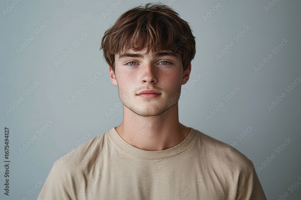 Fototapeta premium Portrait of a young man with light skin and brown hair wearing a beige t-shirt looking calmly into the camera against a plain gray background