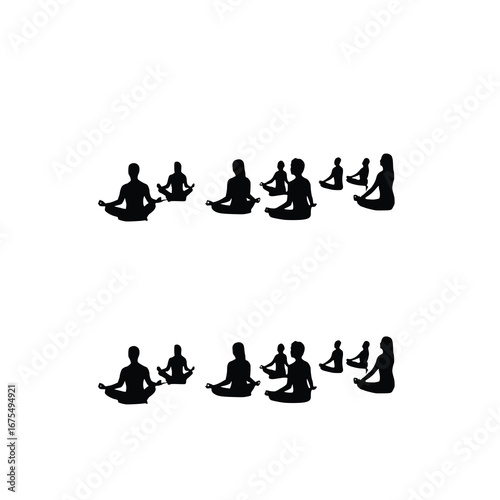 Two women or group of people meditating in a yoga pose, silhouette vector illustration.

