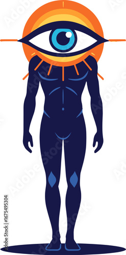 Surreal Human Figure with Giant Eye Head Spiritual Symbolism