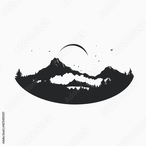 Serene mountain vista under partial eclipse, a nature landscape silhouette