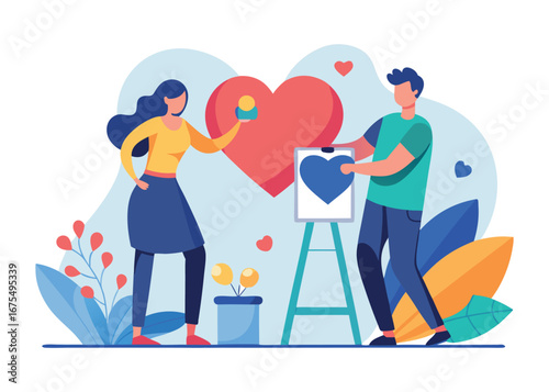 A couple painting hearts on a canvas, symbolizing love and affection isolated on white background