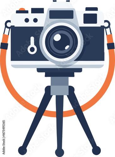 Vintage SLR Camera Front View on Tripod  Equipment