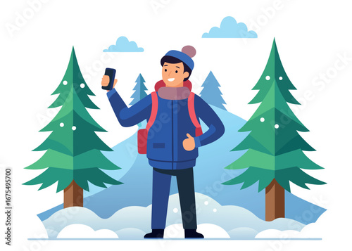 A man hiking in a snowy winter forest, taking a photo with his phone isolated on white background