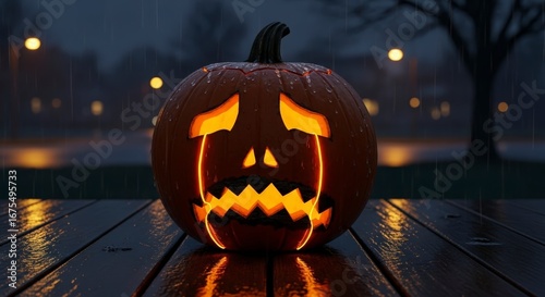 Sad Orange Pumpkin with Glowing Face on Wet Wooden Table in Rainy Night