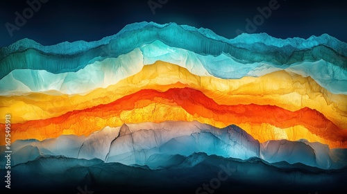 Colorful abstract panoramic of geological strata with fiery orange core and cool blue layers