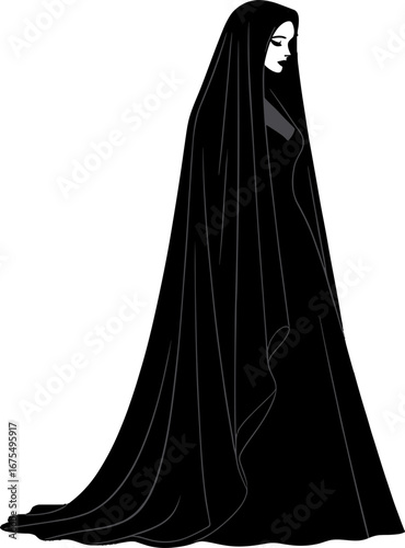 Elegant Woman in Long Black Cloak Side View Gothic Theme
